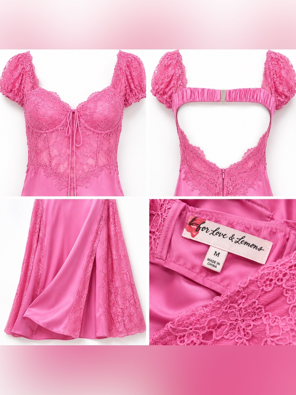 For Love & Lemons Casey Maxi Dress Pink Satin Lace Open Back Side Slit Women's M - Picture 2 of 9